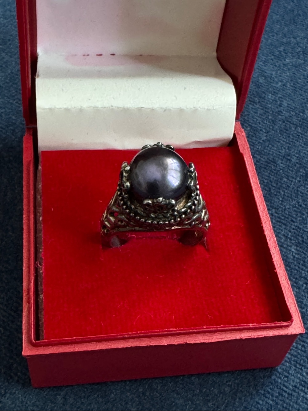 CFJ Black Cultured Freshwater Pearl Sterling‎ Silver Ring Size 7